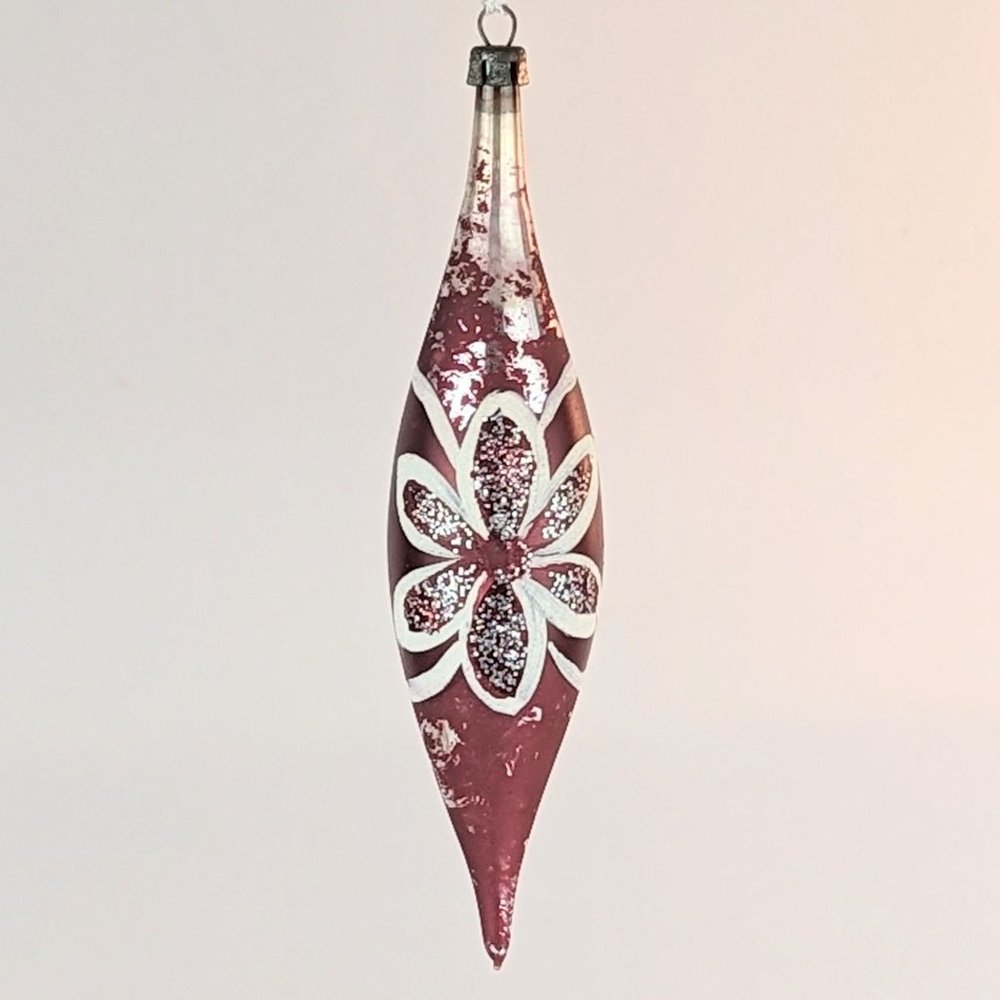 Vintage 50s MCM Burgundy Red Silver White Teardrop Glass Ornament Shiny Glitter